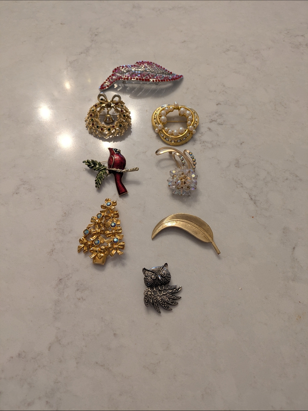 Gold-tone Crystal Leaf Brooch - Multi-Color Accents Set Of 8
